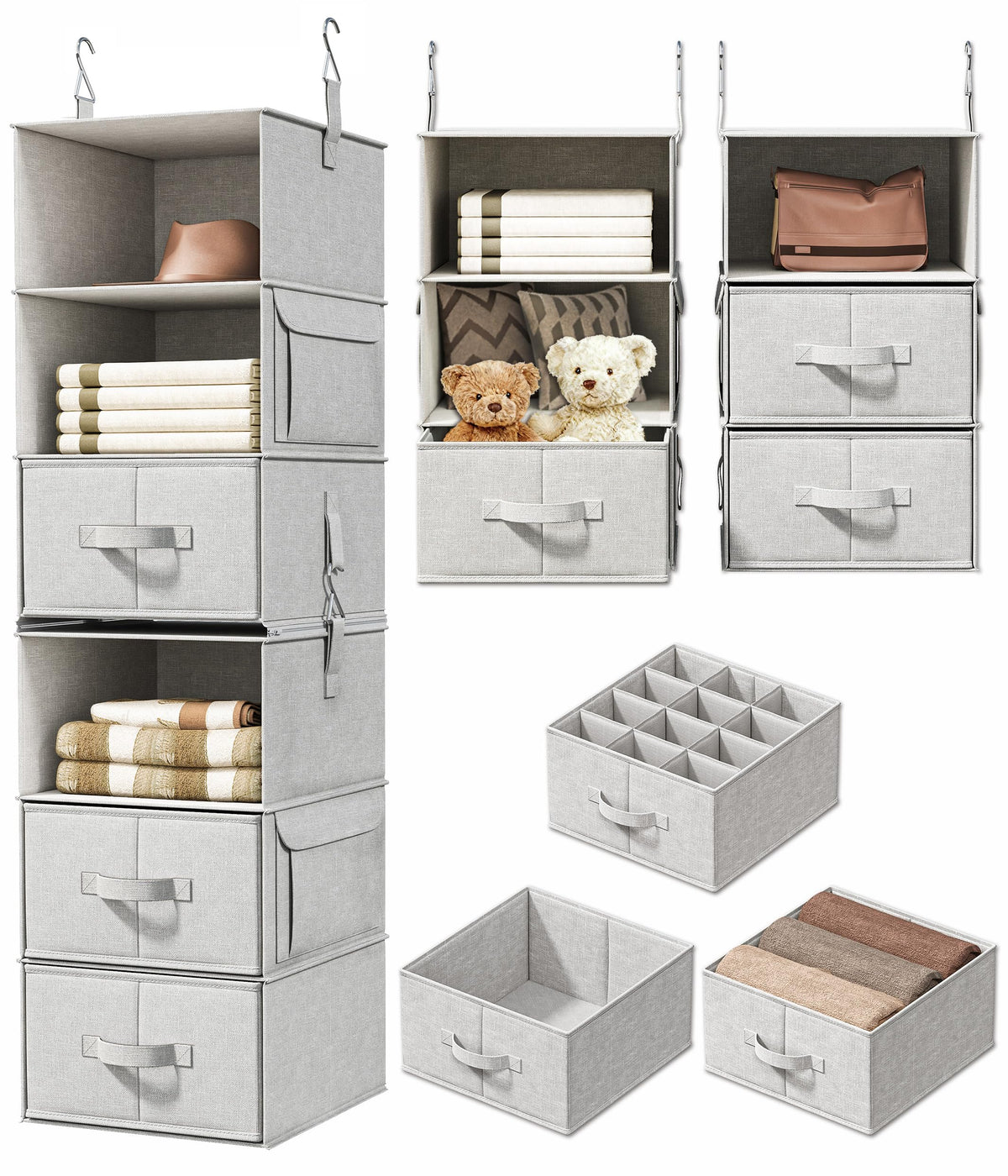 6-Shelf Hanging Closet Organizer with 3 Drawers, Separable, Silver Gray
