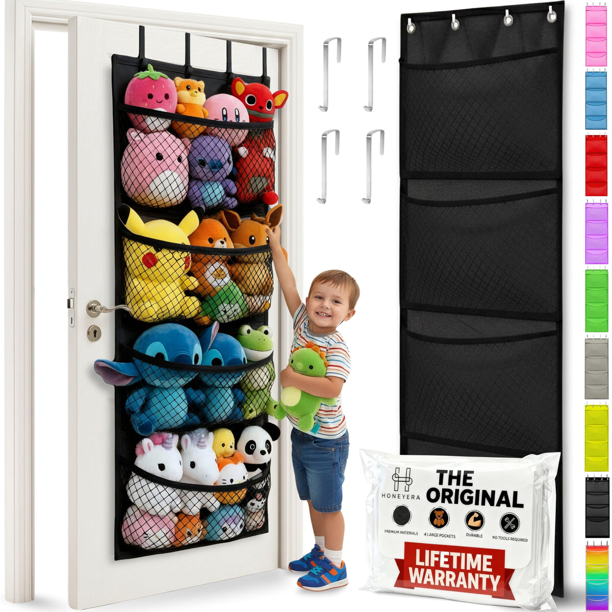 Honeyera The Original Stuffed Animal Storage (Patented) - Over Door Organizer for Stuffies, Baby Ideas Holder, Toy Plush Hammock Hanging Net Big Girls Toddler Large Bag Animals Stuffy Behind