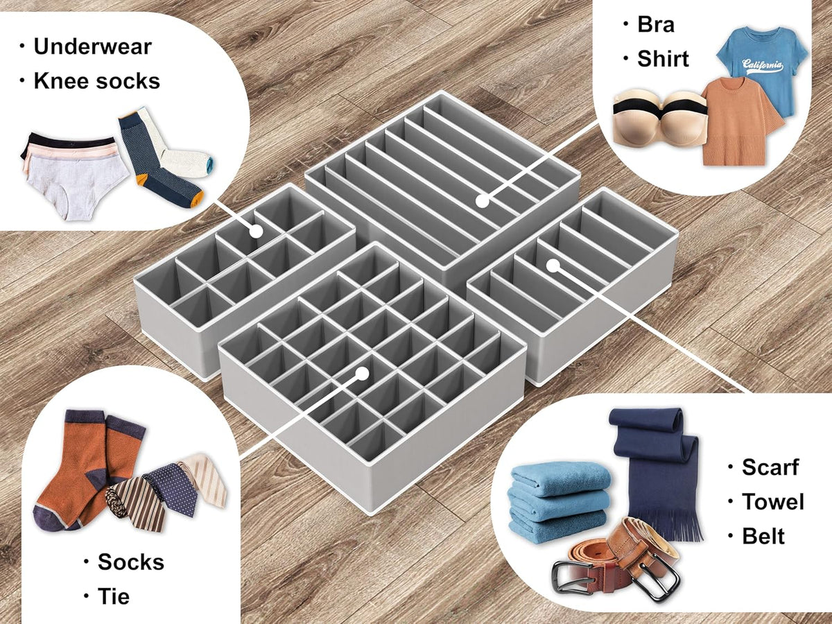 Simple Houseware 4-Pack Drawer Organizer Set for Underwear/Socks/Bra, Gray
