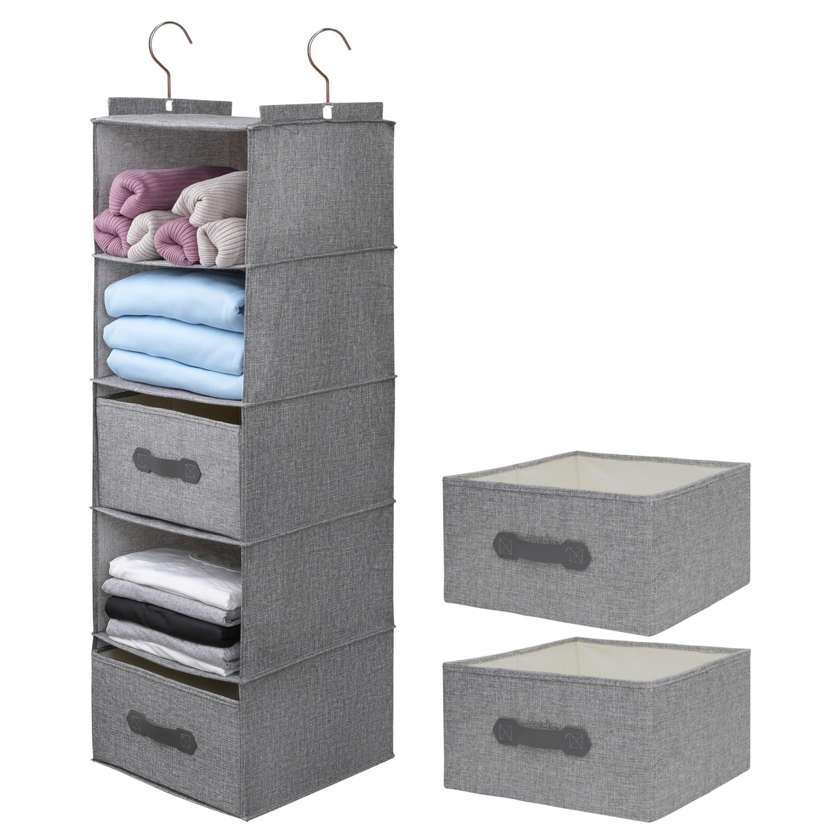 Large Hanging Sweater Organizer for Closet,Collapsible 6-Shelf Hanging Closet Shelves with Drawers, Washable (Grey-6 Shelf)