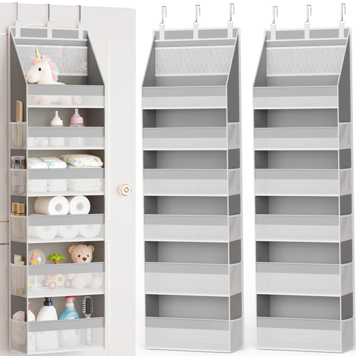Criusia Over the Door Organizer, 6-Shelf Closet Hanging Storage with 13 Mesh Pockets, 55lbs Capacity Behind the Door Storage for Baby Nursery, Bathroom, Bedroom, and Dorm, Beige