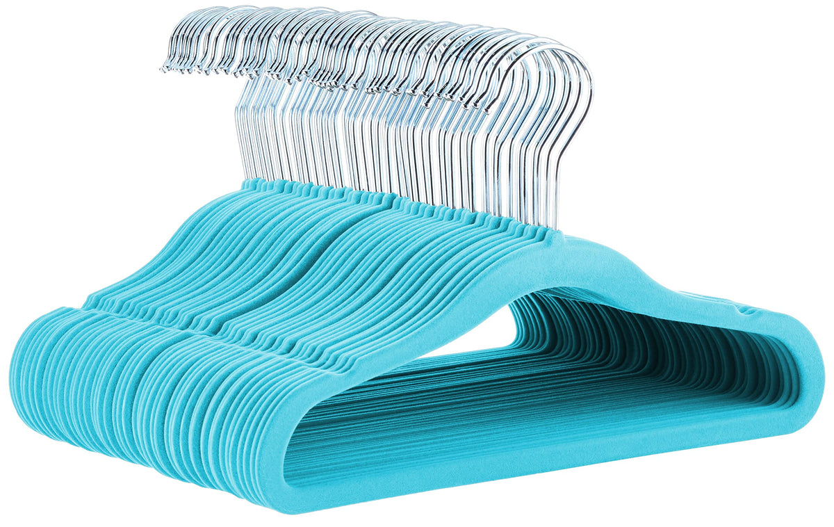 Amazon Basics Kids Space Saving Velvet Non-Slip Clothes Hangers with Shoulder Notches for Infant and Toddler, 11.6", Black, 50-Pack