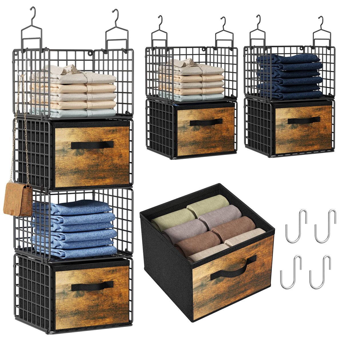 Hanging Closet Organizer, 4 Tier Metal Closet Organizers and Storage with 4 Hanging Hooks 4 S-Hooks for Wardrobe Laundry Room, Wire Storage Shelf for Clothes Sweaters Pants (White)
