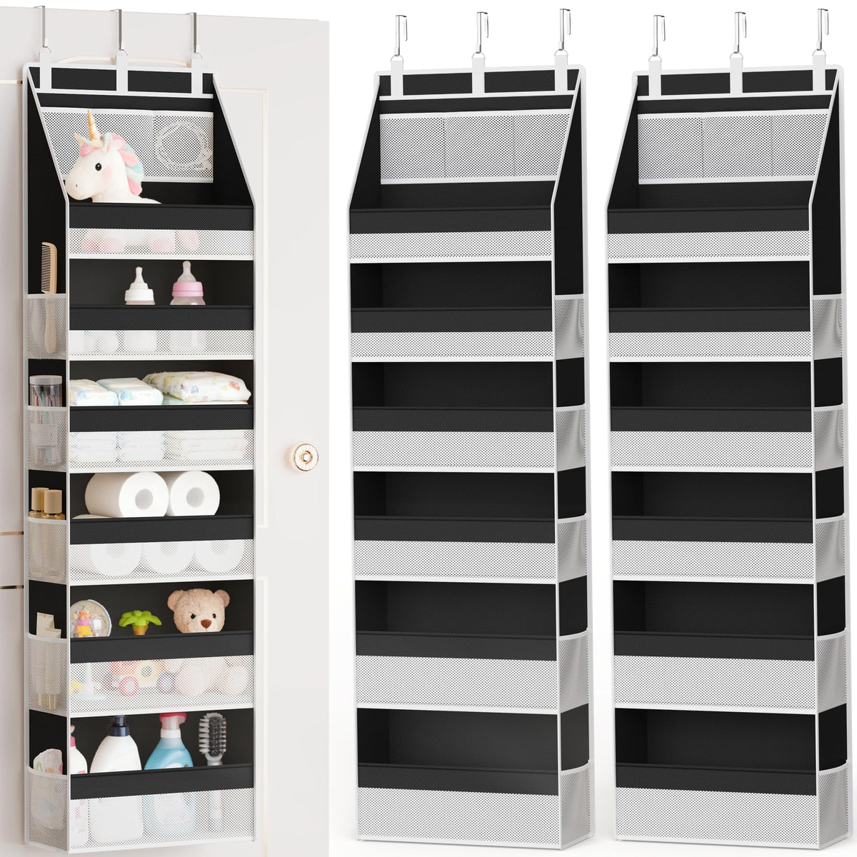 Criusia Over the Door Organizer, 6-Shelf Closet Hanging Storage with 13 Mesh Pockets, 55lbs Capacity Behind the Door Storage for Baby Nursery, Bathroom, Bedroom, and Dorm, Beige