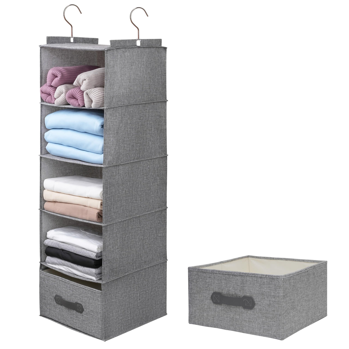 Large Hanging Sweater Organizer for Closet,Collapsible 6-Shelf Hanging Closet Shelves with Drawers, Washable (Grey-6 Shelf)