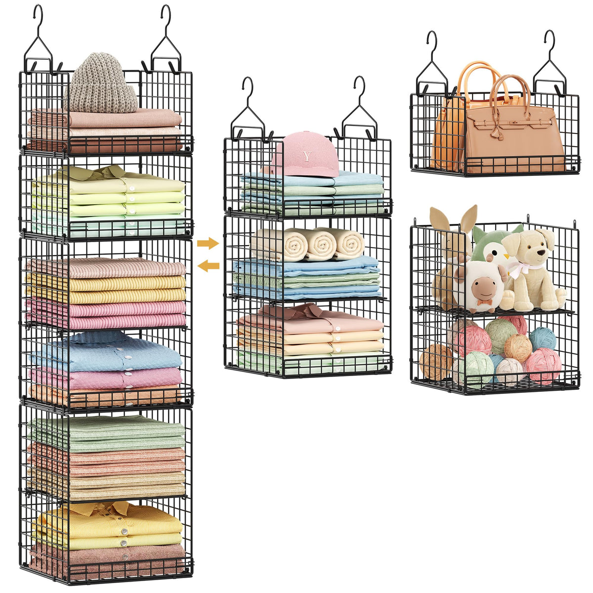 Yuyetuyo 5 Tier Closet Hanging Organizer and Storage Separable Hanging Closet Shelves with 4 Hooks 2 Adjustable Dividers, Wire Storage Basket Bins for Clothing Sweaters Socks Dolls Handbags, Foldable