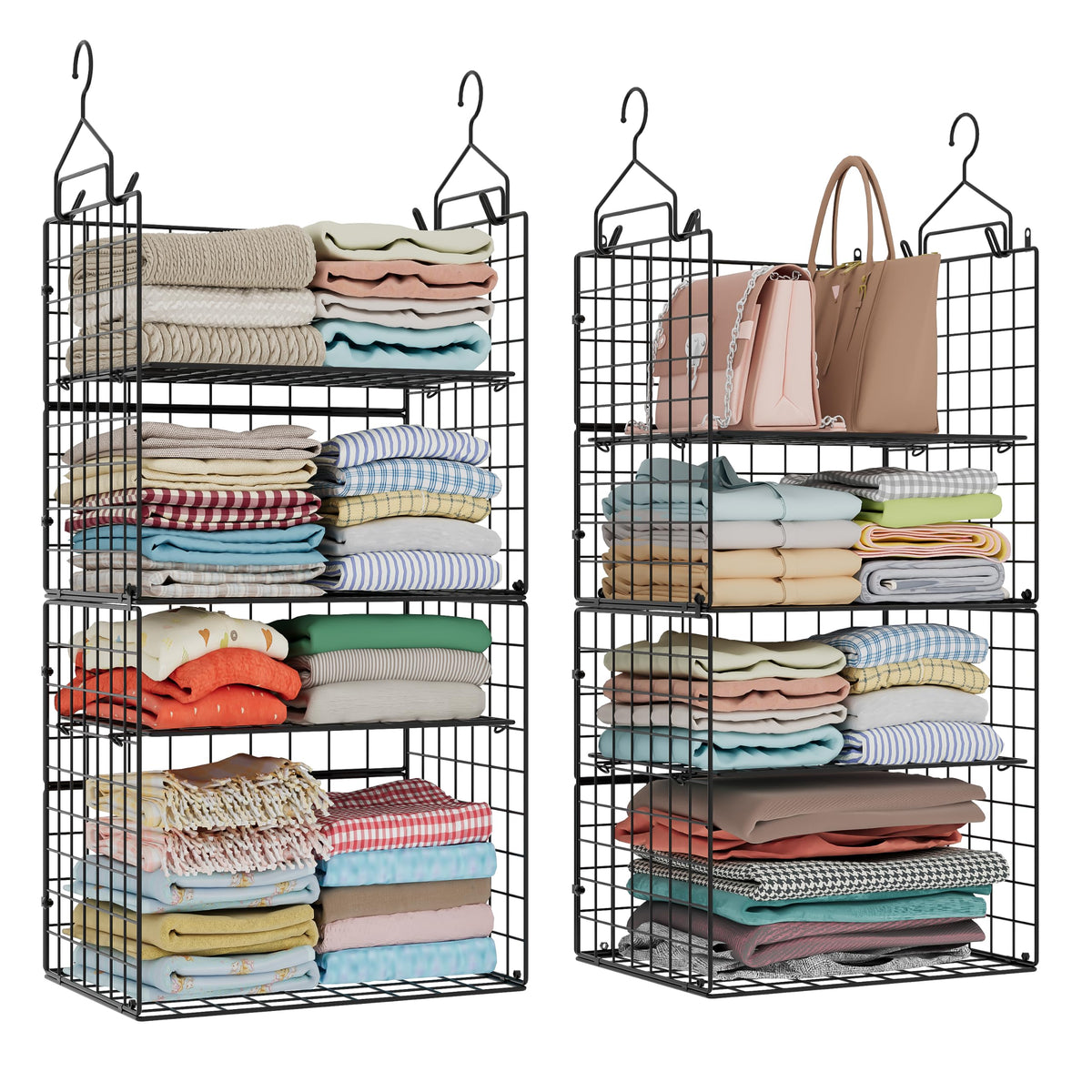 X-cosrack Closet Hanging Organizer and Storage - 5 Tier Hanging Shelves, Wire Closet Shelf Organizer Basket with Adjustable Dividers for Home Clothing Sweaters Shoes Handbags