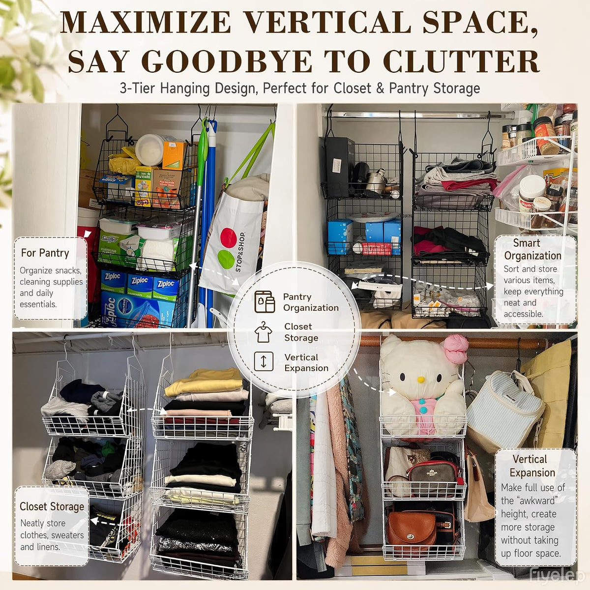 X-cosrack 3-Tier Hanging Closet Organizer, Laundry Room Organization | Space Saving Shelves with 1.65" Hook & 5 S-Hooks | Hanging Wire Baskets (12.4" W x 8.8" H x 10.24-11.8" D)